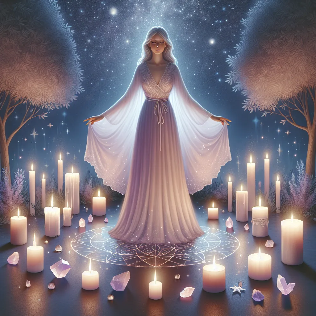 Image of an ethereal figure surrounded by candles and crystals, performing a ritual under a starlit sky, symbolizing love restoration and spiritual healing.
