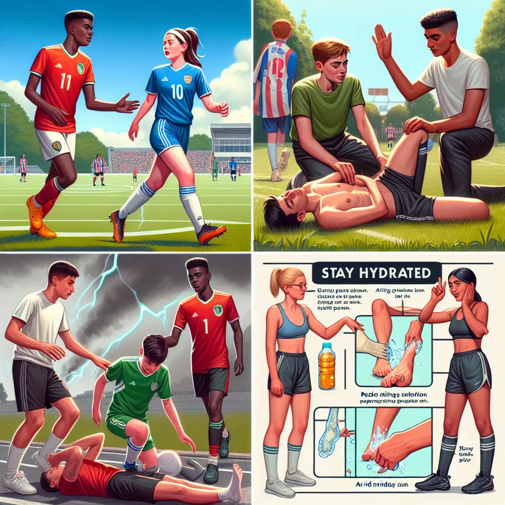 1. **Example of Sportsmanship:** An image of two soccer players from opposing teams helping each other up after a fall.
2. **Starting Slowly in Physical Activity:** Illustration of a person gently stretching before a run, highlighting the importance of warming up.
3. **Importance of Fluids in Physical Activity:** Image of an athlete drinking water during a break in a workout, emphasizing hydration.
4. **PSA for Safe Physical Activity in Extreme Conditions:** Poster showing teenagers wearing appr