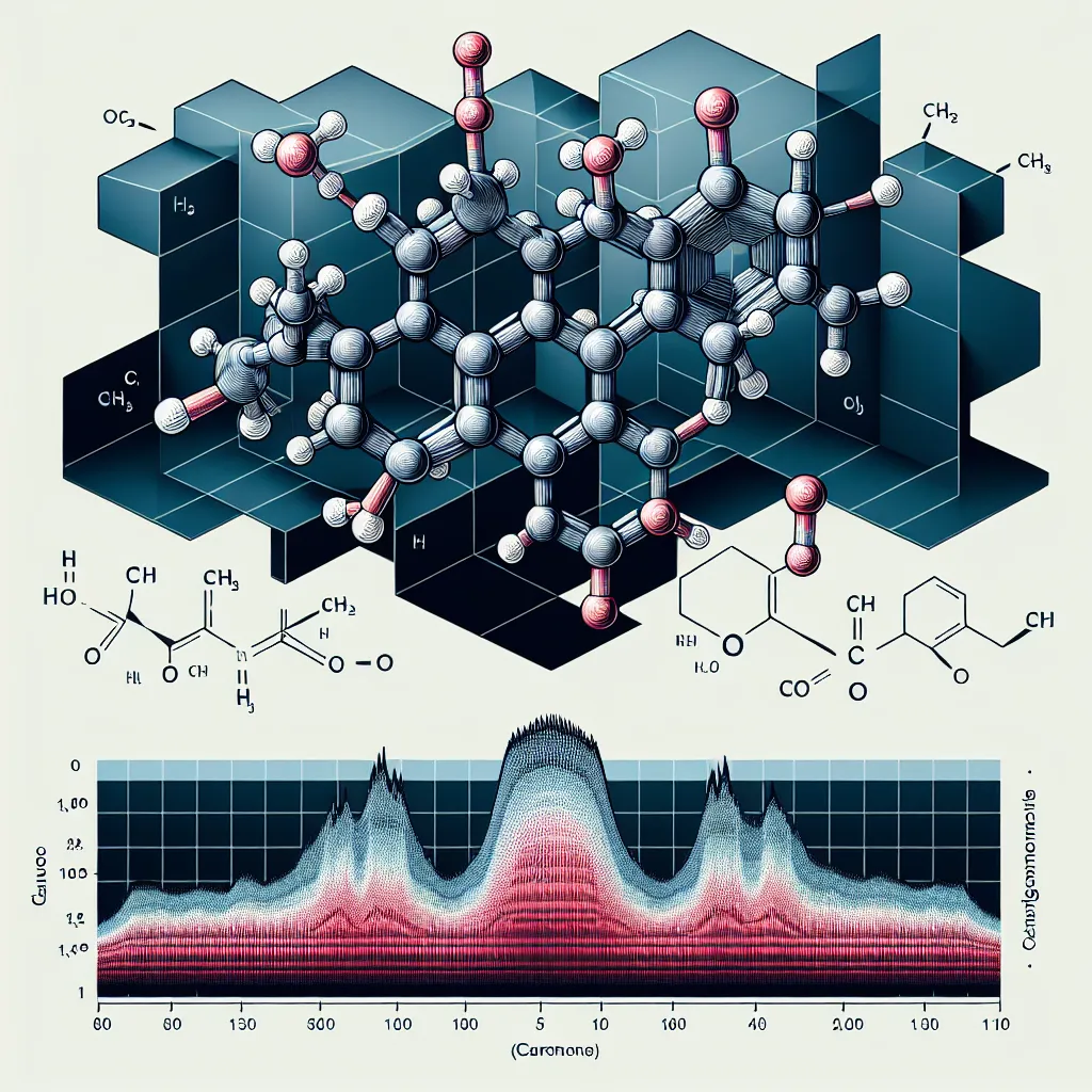 Illustration of a cyclohexanone molecule with labeled functional groups, emphasizing its carbonyl group and ring structure, alongside a spectrum demonstrating its infrared absorption peaks.