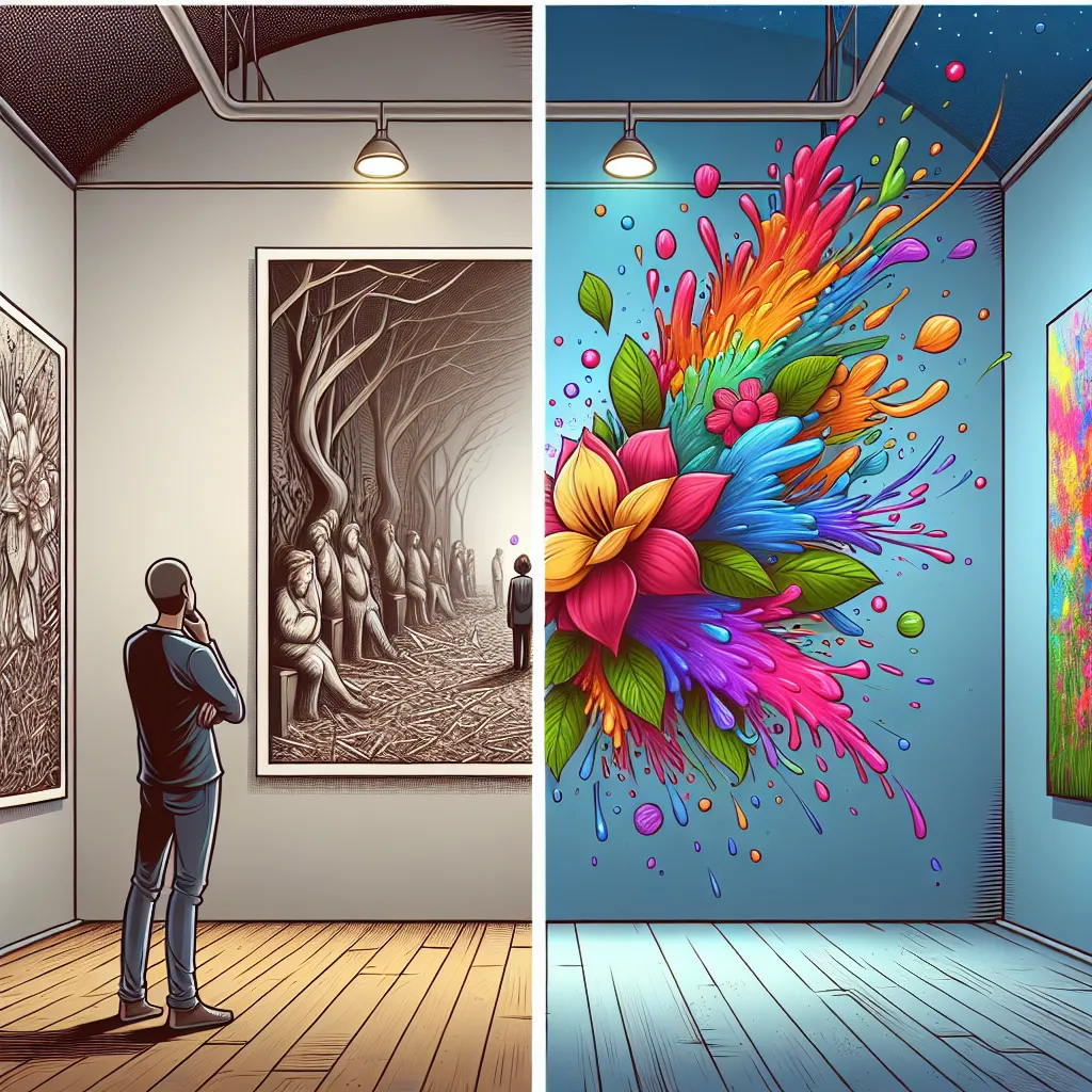 A split-screen illustration showing a confused person staring at an empty NFT gallery on one side and a vibrant, colorful NFT art piece on the other, highlighting the contrast.