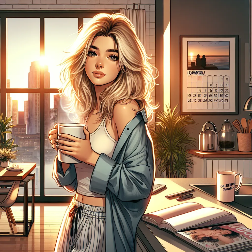 **Title:** Chloe's Breakthrough

**Scene 1: Chloe's Apartment**

*Chloe wakes up, groaning as she glances at the clock—it’s another early morning.*

**Chloe:** (yawning) Ugh, another long day ahead... I really need a break.

*She drags herself to the kitchen, pouring a large cup of coffee.*

**Chloe:** (talking to herself) Just one more day of this grind, and then I can finally move to California.

*She sips her coffee, grimacing at the bitter taste.*

**Chloe:** (checking her phone) Oh, Jade! I