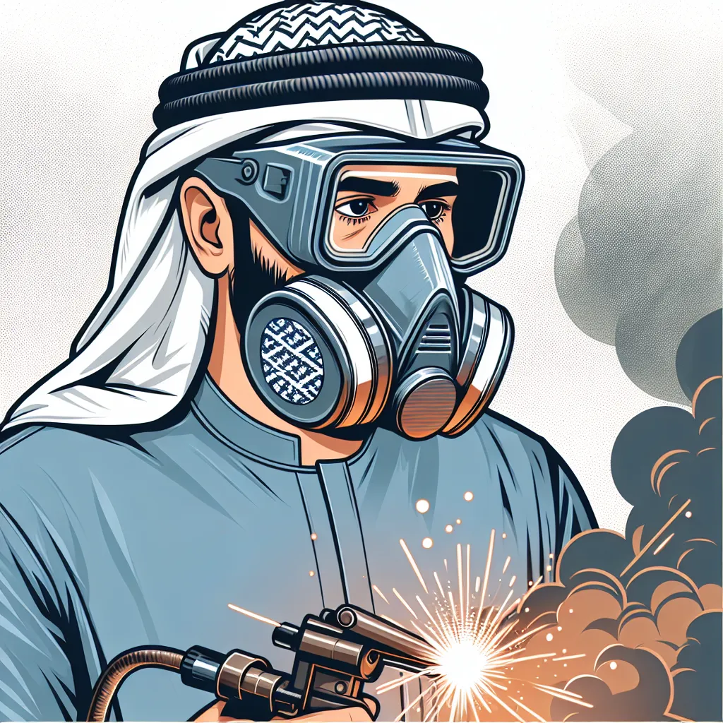 Illustration of a welder wearing protective gear including a respirator, highlighting the dangers of fumes and gases in the welding environment.