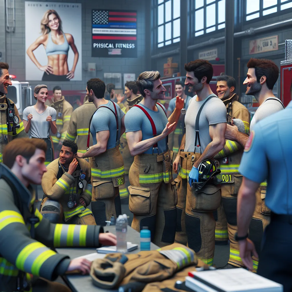 **Image Description:** A busy fire station filled with firefighters in their uniforms, checking equipment and chatting. In the background, a firefighter's girlfriend waves goodbye. The scene captures camaraderie and routine, with some firefighters preparing to head out while others clean gear. Nearby, a poster encourages fitness, hinting at their post-work gym session.