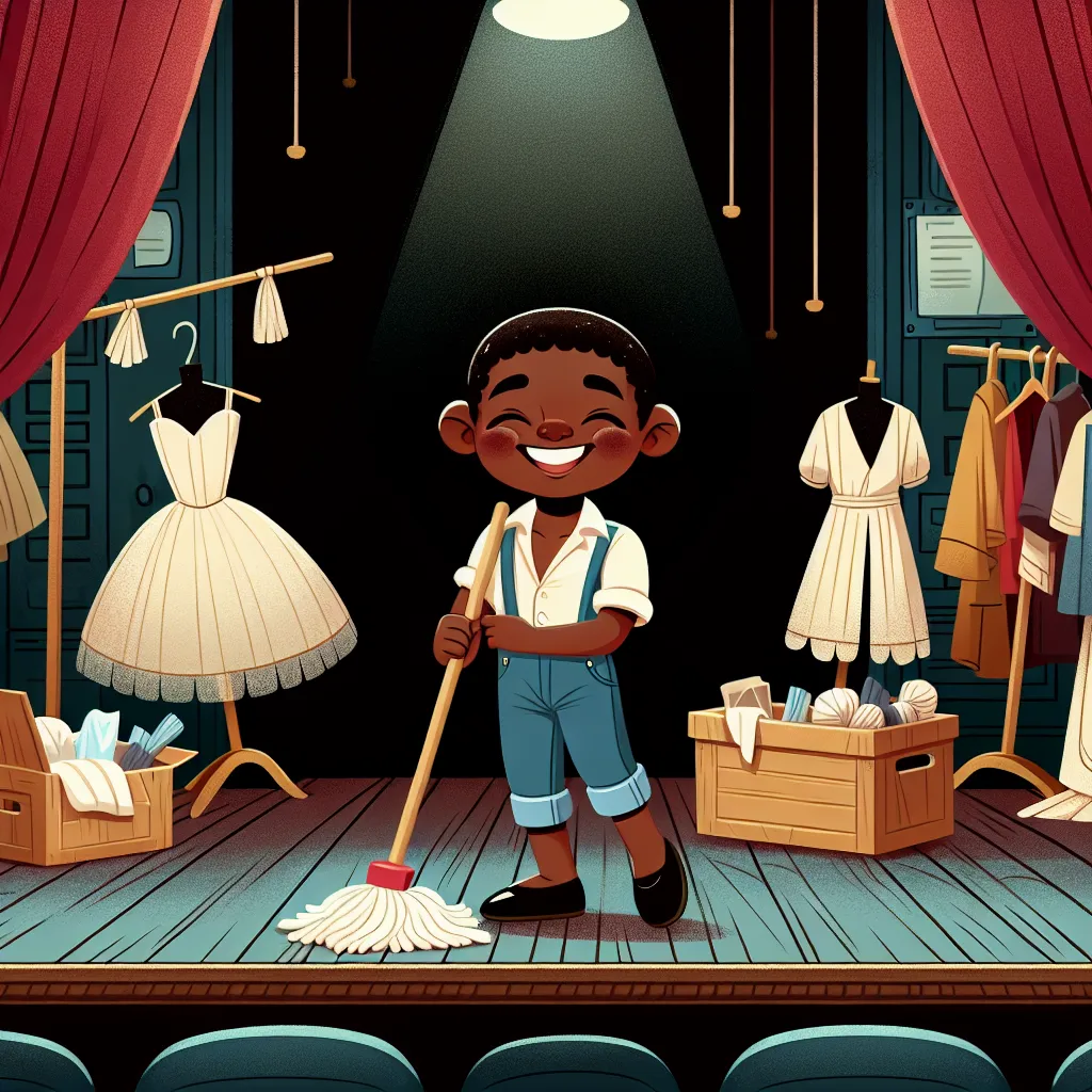 Illustration of a teenage boy happily mopping a theater stage, dressed in a ballet outfit, surrounded by theater props and costumes.