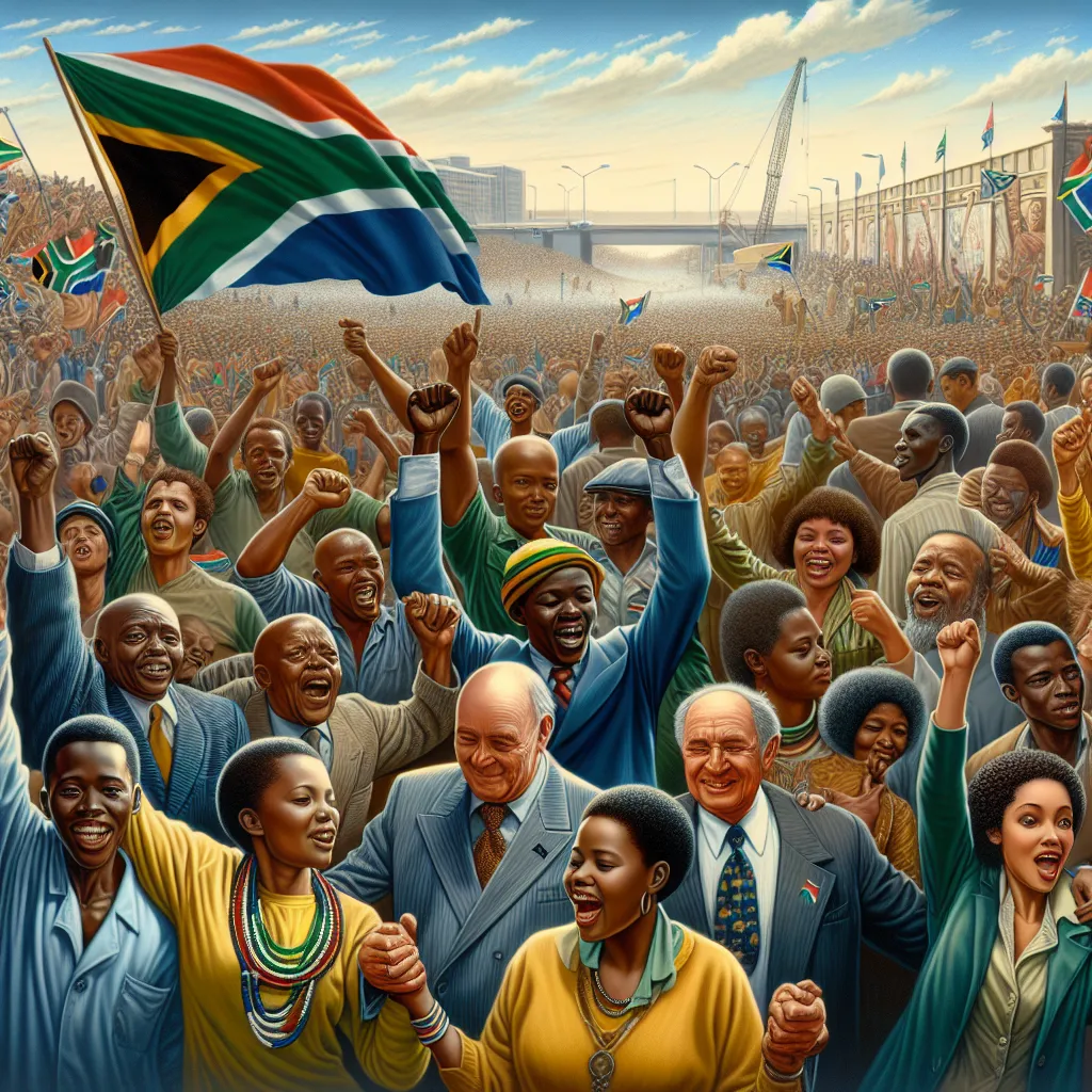 Illustration of a historic event in South Africa in 1994, featuring diverse people celebrating the end of apartheid with flags and joyous expressions.