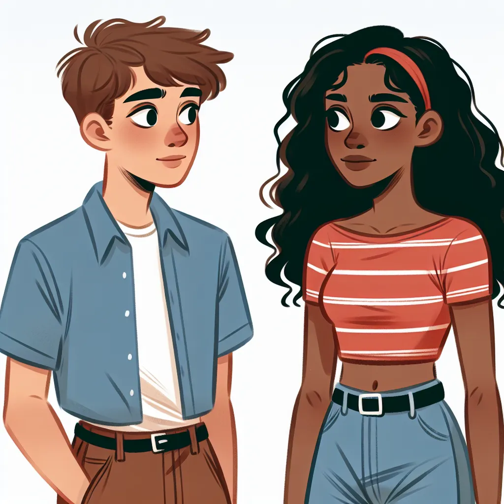 Illustration of two teenagers, a white boy and a black girl, standing side by side, looking at each other with expressions of surprise and curiosity, symbolizing their body switch experience.