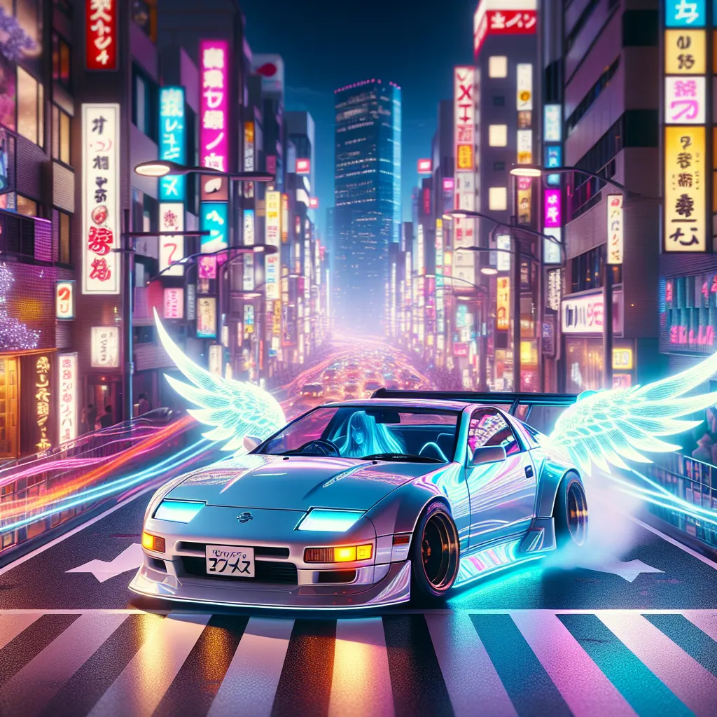 3D render of a Nissan 300ZX (Z32) angel car racing through illuminated Tokyo streets at night, with vibrant neon lights and a dynamic cityscape background.