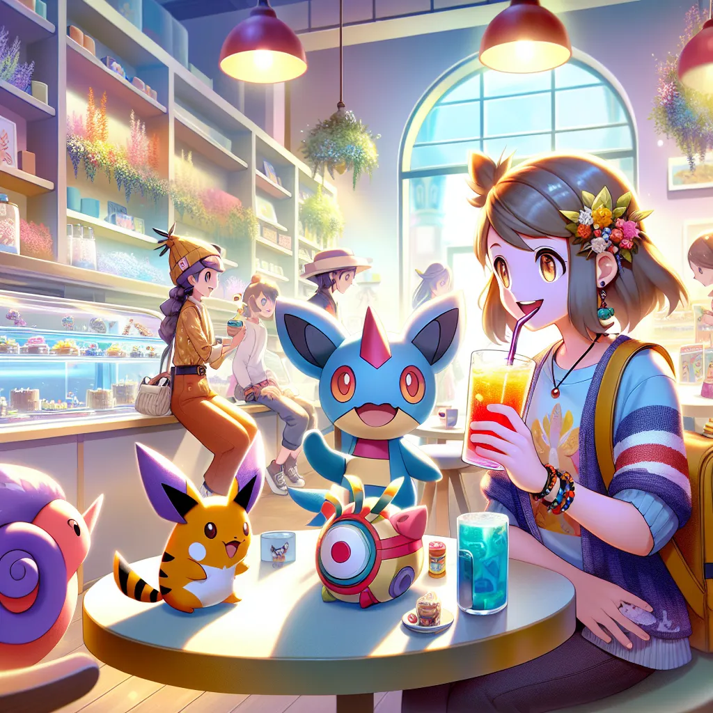 **Hypothetical Image Description:**

A vibrant, animated scene depicts Serena sitting in a cozy Pokémon Center, sipping a colorful cocktail with Pokémon Delphox, Pancham, and Sylveon nearby. The décor is cheerful and inviting, with soft lighting and Pokémon-themed artwork. In the background, Shawna is laughing and chatting with Serena, while the shelves are filled with sweets and refreshments. The mood is relaxed, portraying a moment of friendship and reflection amidst their Pokémon journey.