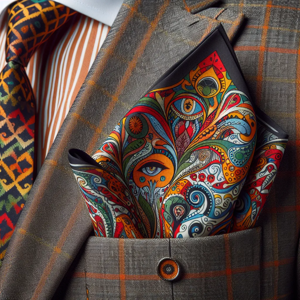 Stylish pocket square displayed in a vibrant, patterned design, reminiscent of Alastor’s aesthetic, folded elegantly in a tailored jacket pocket.