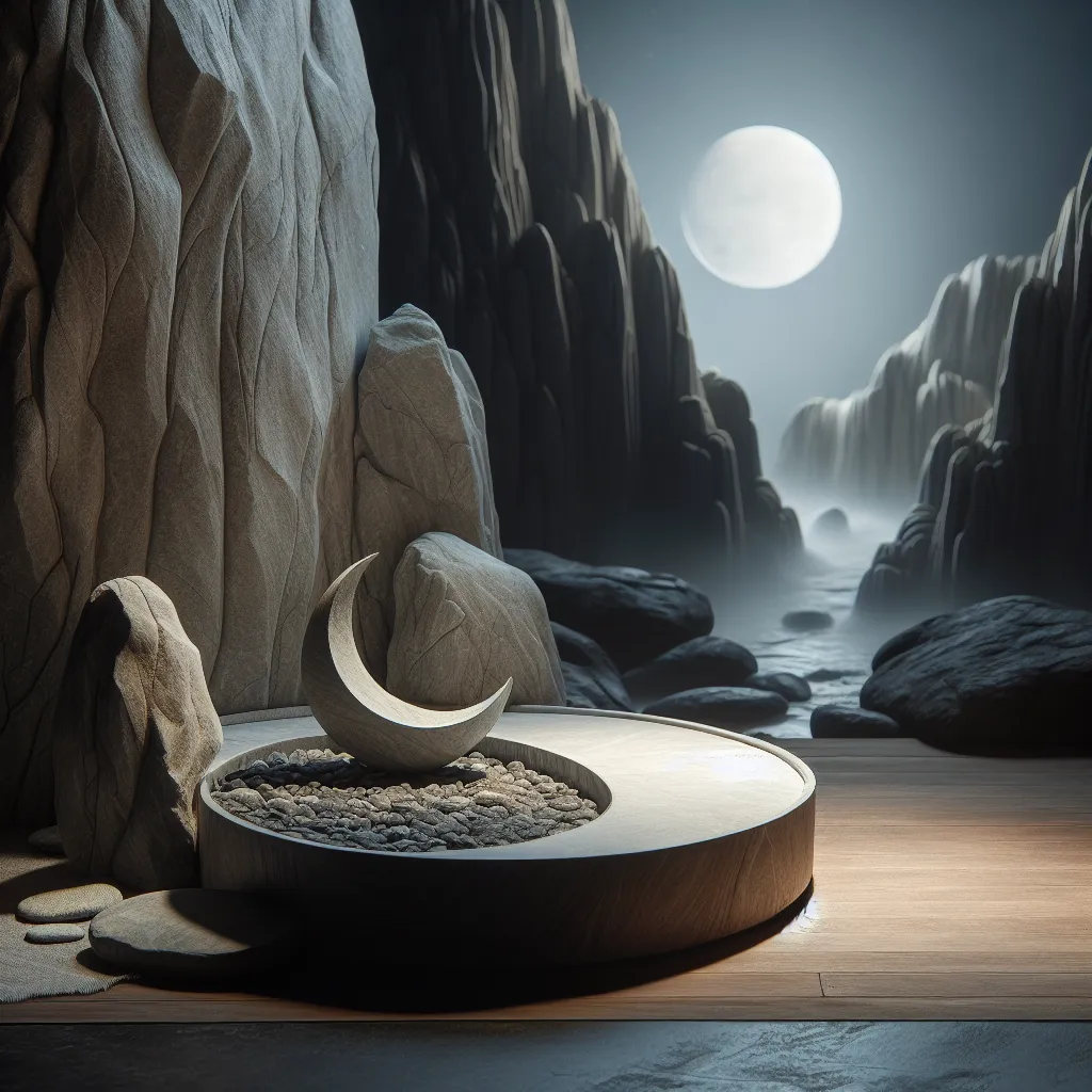 تصویری از دو جوغن افقی در کنار یک جوغن ماه، با زمینه‌ای از سنگ‌های طبیعی و نور ملایم ماه.