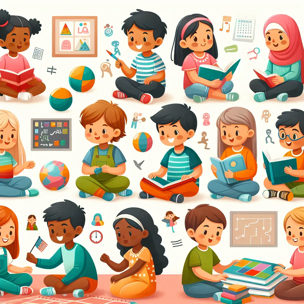 Illustration of diverse children engaged in various activities that stimulate learning, showcasing cognitive development through games, reading, and problem-solving exercises.