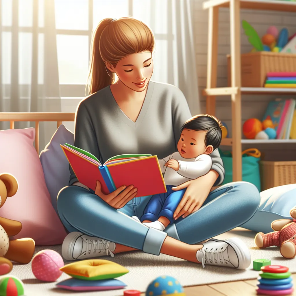 Image of a parent reading a colorful book to an infant, surrounded by soft toys, emphasizing the importance of reading for language development.