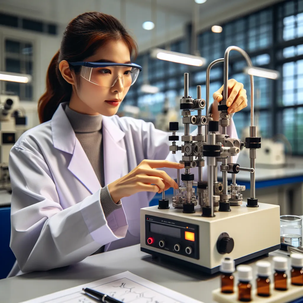 Image of a scientist adjusting the flame photometer to demonstrate controlling the path length of a sample in a laboratory setting.