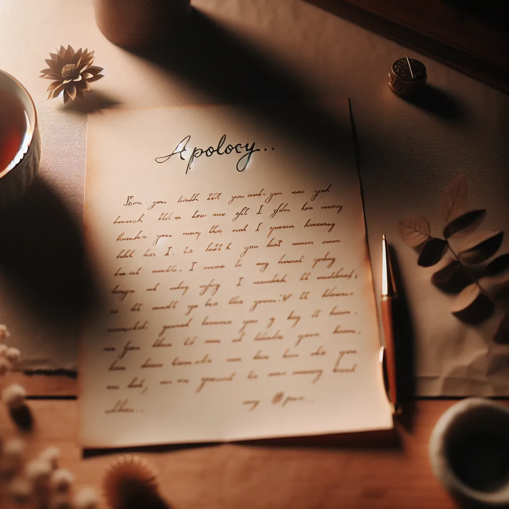 Create an image of a heartfelt letter with simple, handwritten text expressing deep apology, surrounded by a warm, soft background with gentle lighting.