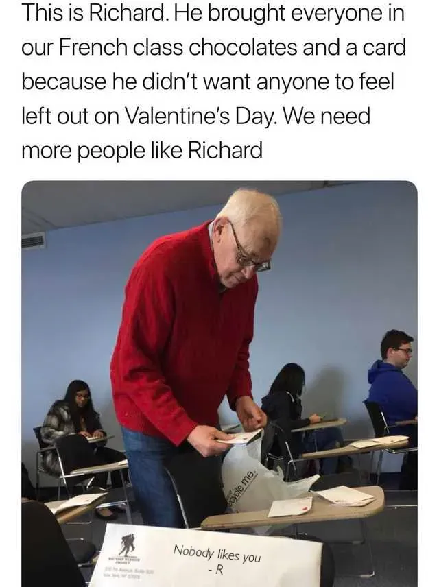 meme of older student Richard in a red sweater giving a heartfelt note on V day