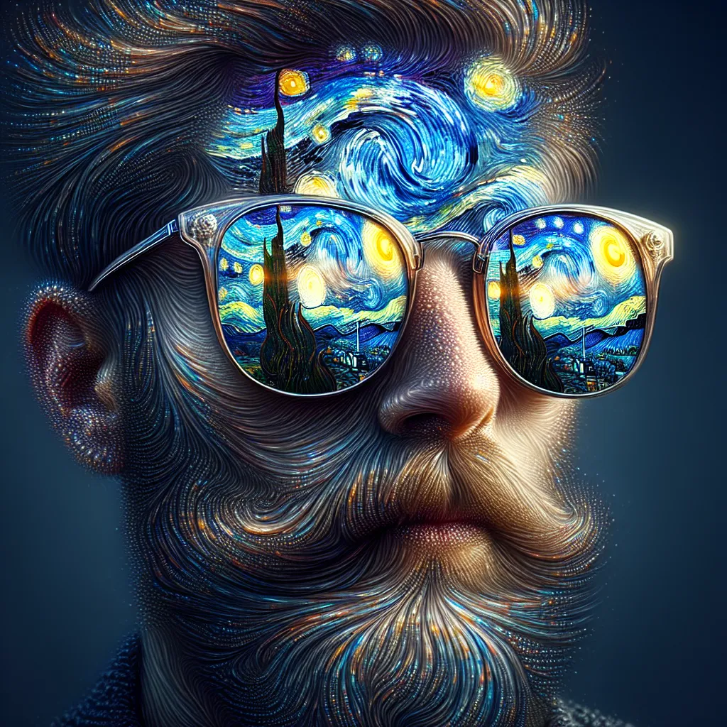 Show a hyper-realistic photograph of a person wearing sunglasses. Reflected in the sunglasses is Van Gough's Starry Night as if it has consumed the full sky in front of the person.