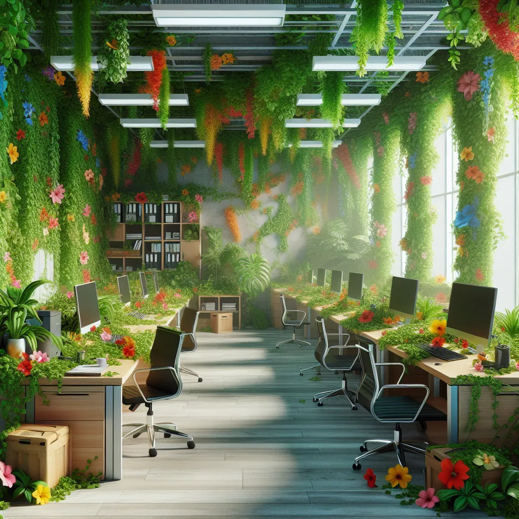 Photograph of office space overgrown with lush and vibrant vines and flowers