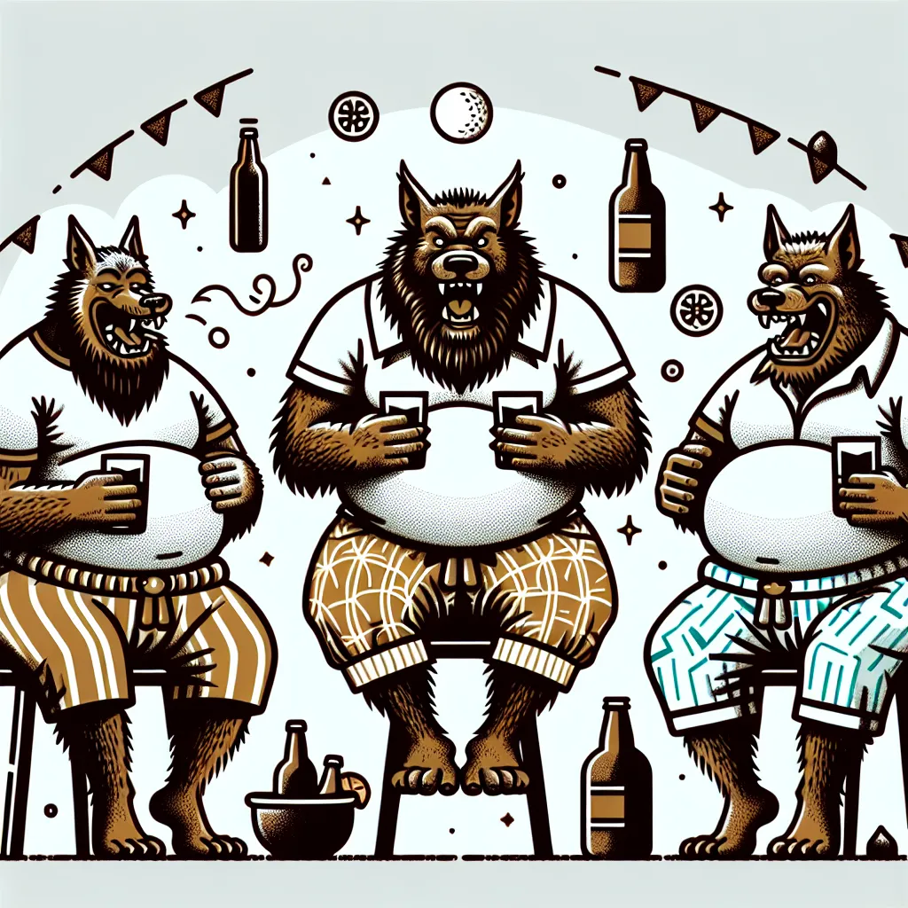 Tres hombre lobo grande con una panza redonda y grande y lo demás es músculoso,y está tomando mucho alcohol y está eructando y está usado calzones puestos