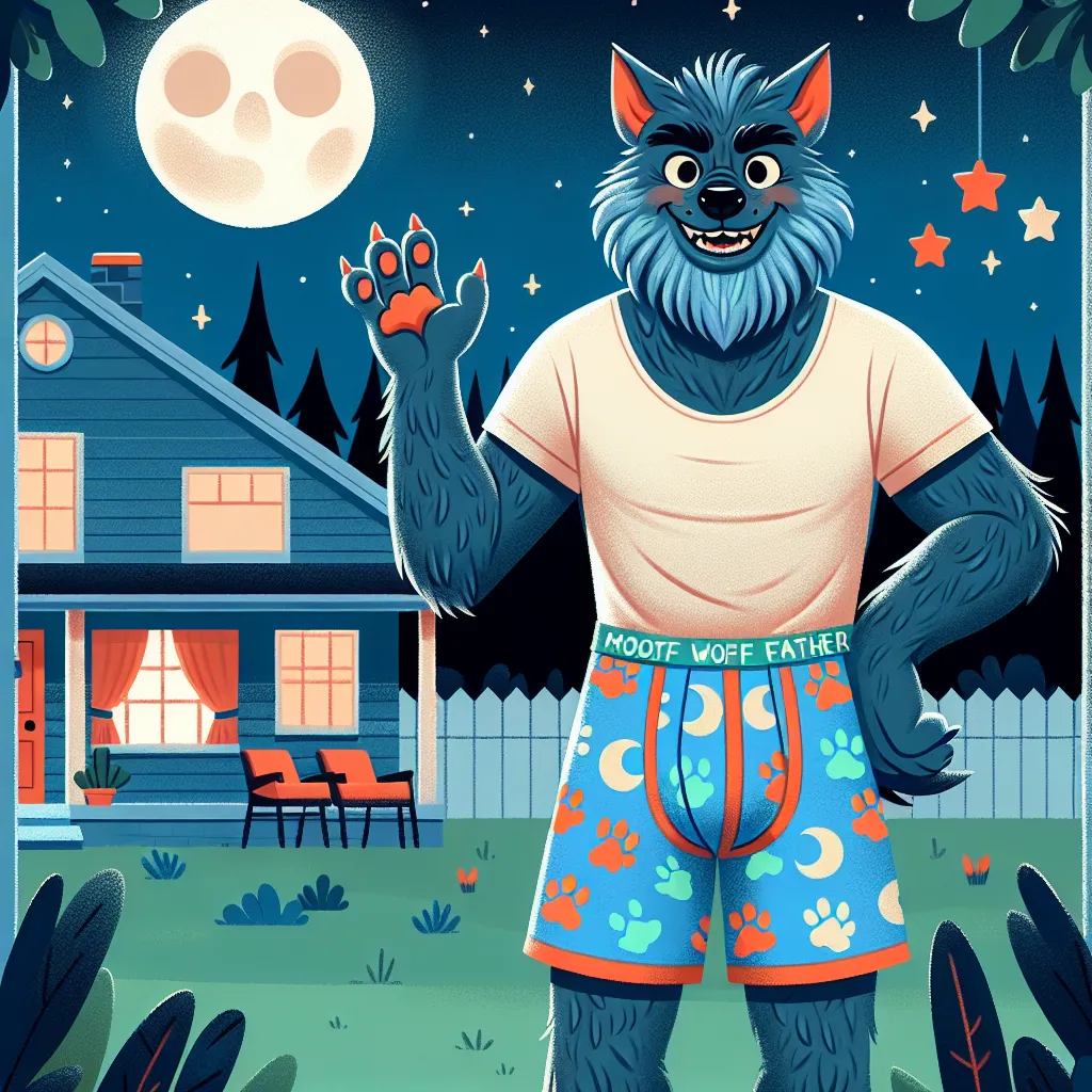 Un papá hombre lobo mostrando sus calzones puestos y tamaño grande durante en la noche
