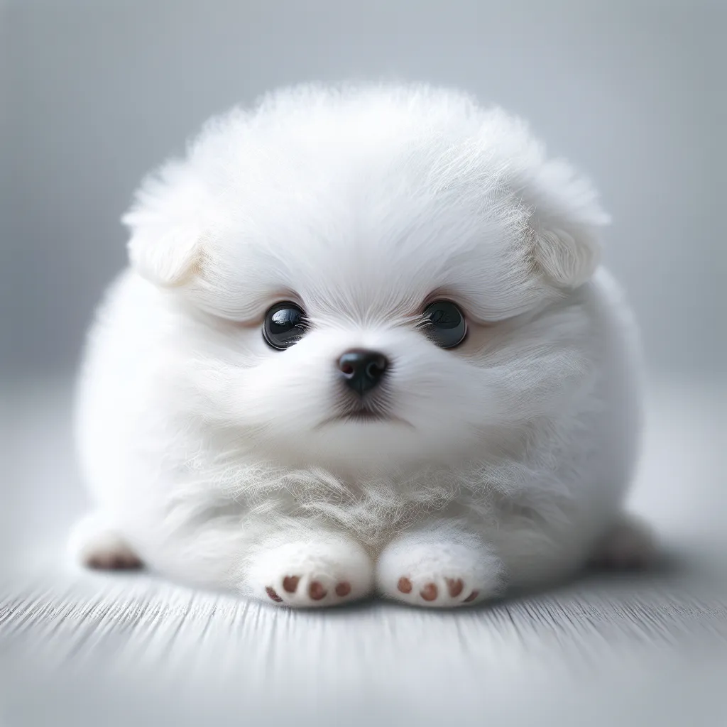 hyper-realistic image of a very tiny white fluffy puppy that is almost a puffball