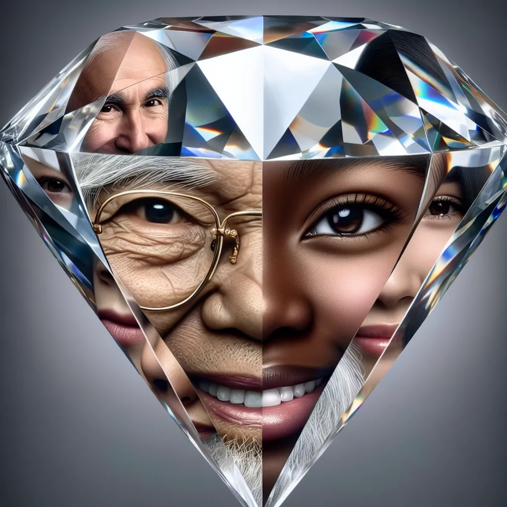 an image of a diamond with a different person's face reflected on each side