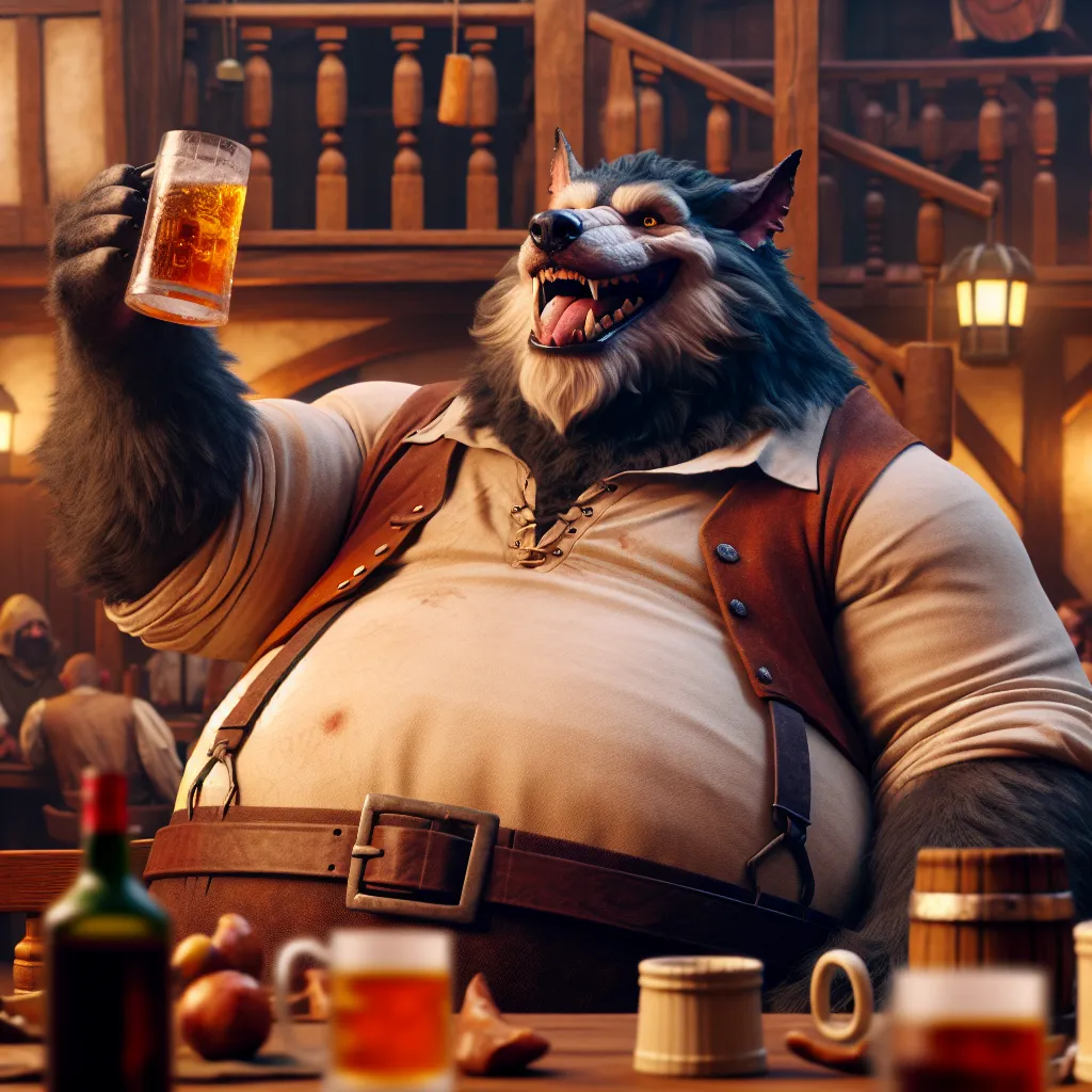 hombre lobo grande con una panza redonda y grande y lo demás es músculoso,y está tomando mucho alcohol y está eructando y está desnudo solo usa calzones puestos y son grandes