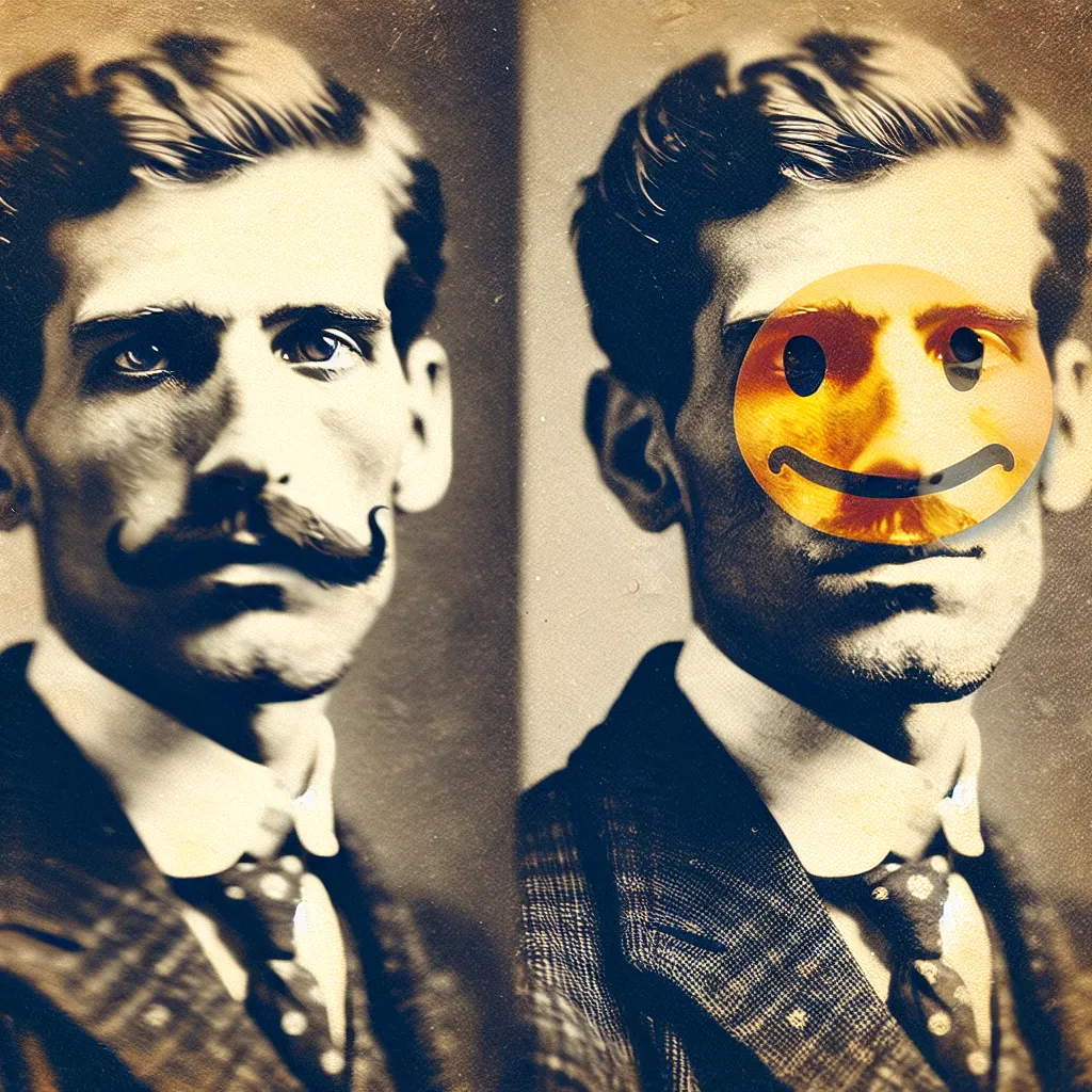 an old photograph of a man with a face like a smiley face