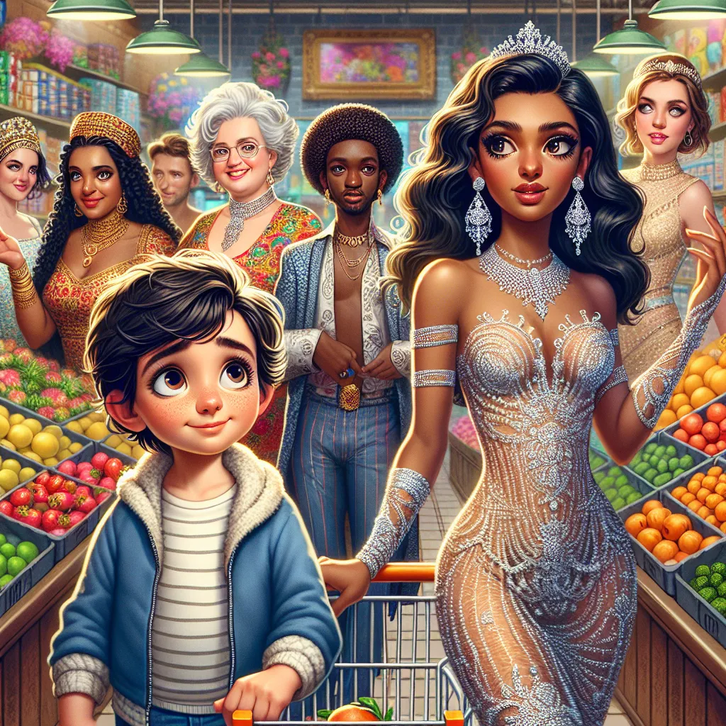 A detailed, enchanting story of Elias, who mysteriously swaps bodies with Ellie, a British woman, in a bustling supermarket. The image captures Elias as a young boy, wide-eyed and transparent, standing next to Ellie and her group of British women clad in glamorous outfits and stunning jewelry, lost in a world of luxury and confusion.