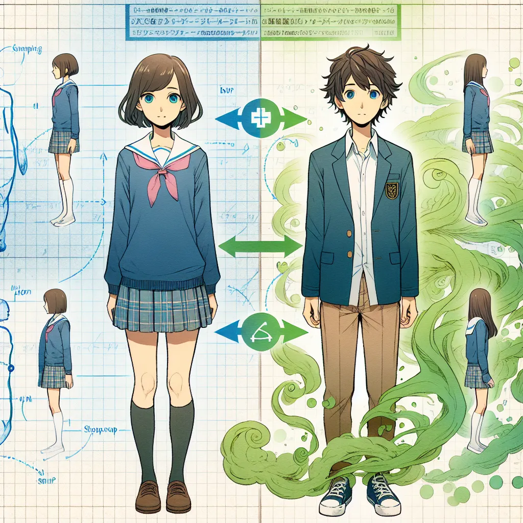 The image accompanying this story could be a depiction of Fuyuki and Natsumi, the two main characters of the story, standing side by side. They could be wearing their school uniforms and displaying contrasting body language, reflecting their different personalities. The image could also incorporate elements that symbolize the body swap, such as a mysterious green smoke or a visual representation of the swapping process.