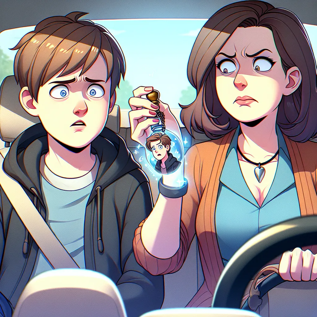 A teenage boy named Ethan and his friend's mom, Mrs. Jenkins, have swapped bodies after an encounter with a magic amulet. In the image, they are seen sitting in a car, with Ethan looking bewildered and Mrs. Jenkins rolling her eyes. The humorous tone of the story is conveyed by their expressions and body language.