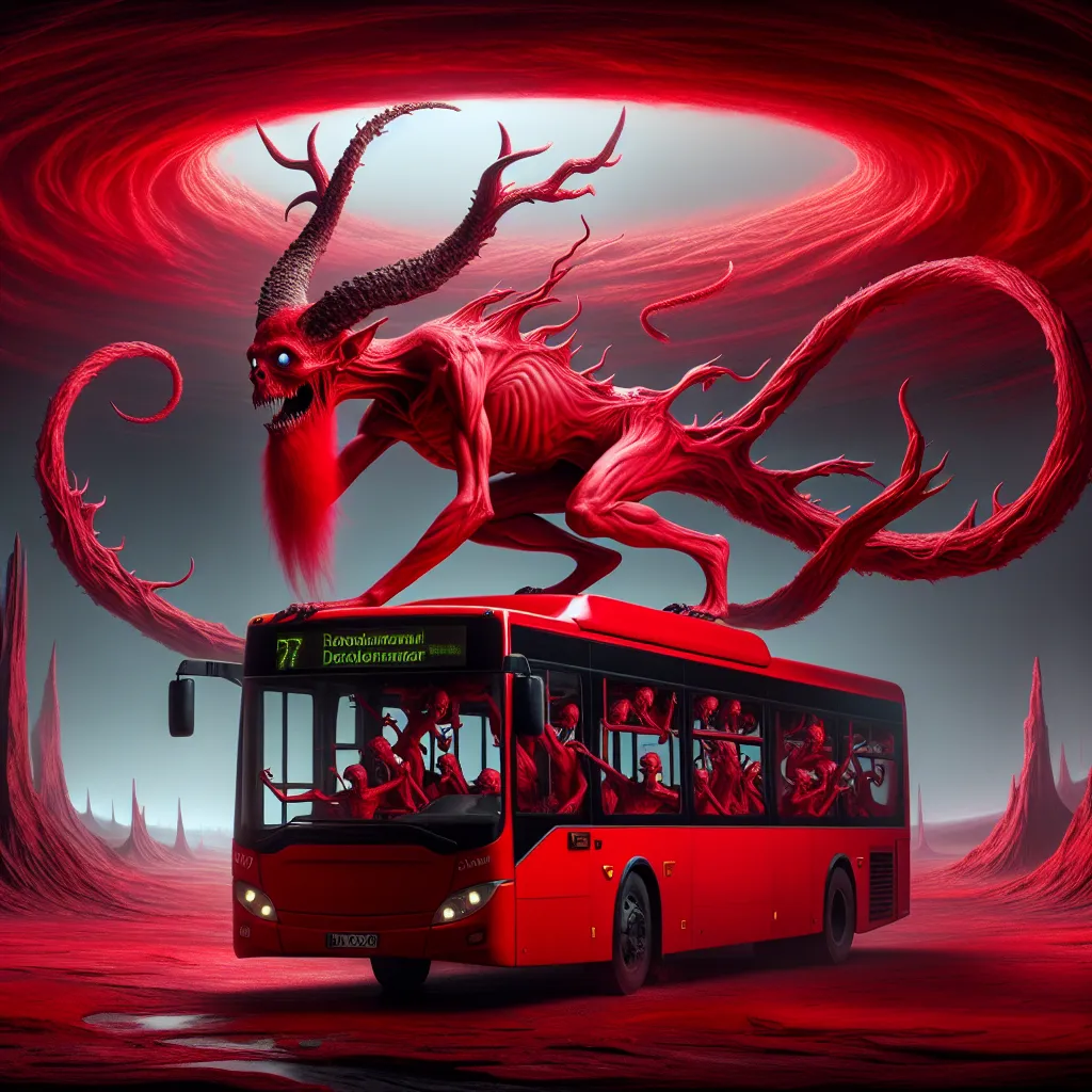 The image accompanying this story should depict Alastor, the Radio Demon, in the process of transforming into a red transit bus. The scenery should reflect the infernal corridors of Hell, with a swirling red portal in the background. Alastor's body should be elongating and contorting, merging with the bus structure. His vibrant red coat should dominate the main body of the bus, while the white cuffs and lapels should be shown on the roof. His antlers should stretch and become the supports for th