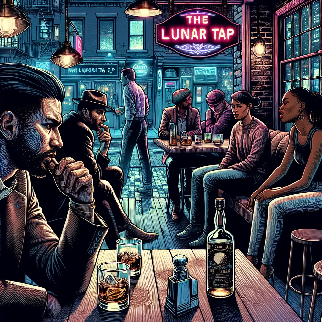 The image accompanying this story would depict a dimly lit, urban bar with a neon-lit sign that reads "The Lunar Tap." The bar is filled with people, and at a corner table, Roger sits alone, sipping a whiskey. Across the room, Claire is seen expressing frustration, while two men with her look on meekly. Roger's gaze meets Claire's for a moment before she turns away.