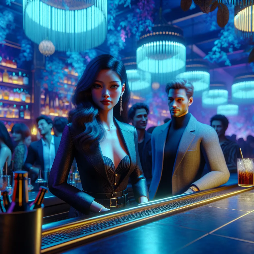 A woman named Ara tends to Indigo Lantern, her bustling club suffused with blue light and music. As she navigates the night's intricacies, memories of her missing sister Leina haunt her. Amidst the clamor, a stranger in a grey blazer catches Ara's eye, sparking a flicker of hope and curiosity. The image depicts Ara behind the bar, caught in a moment of contemplation, with the colorful, lively atmosphere of Indigo Lantern surrounding her.