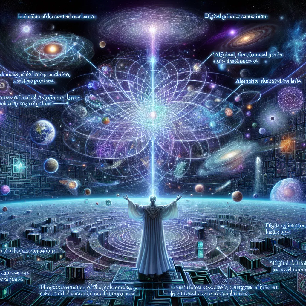 Image Description:

The image depicts a digital expanse, a vast and complex simulated cosmos, suspended in the vastness of hyperspace. A pulsating grid of glowing circuitry weaves throughout the image, representing the infinite metadomain known as the Panomnium. At the center, a powerful figure, the Architectorum's chief architect, Zephron Omega, stands with outstretched arms, commanding the creation of the simulated universe. As Zephron initiates the Primcodex, a burst of energy erupts from the