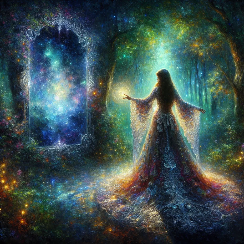 Magic, Mirror, Shadows, Sorceress, Boundary in the style of Monet