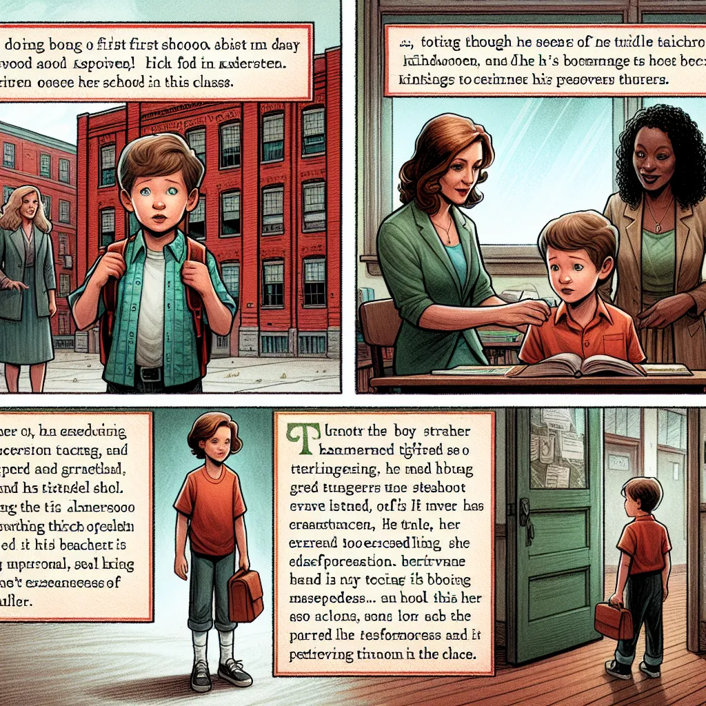 A young boy named Tommy stands outside a brick school building, nervous about his first day of kindergarten. His mother, Emily, reassures him while his aunt and grandmother look on. Meanwhile, his kindergarten teacher, Ms. Turner, introduces herself to the class. Later, during recess, Tommy stays inside and discovers a pile of paperwork on Ms. Turner's desk. Curiously, he tries to make sense of the papers, unknowingly triggering a supernatural transformation that turns him into Ms. Turner. Confu