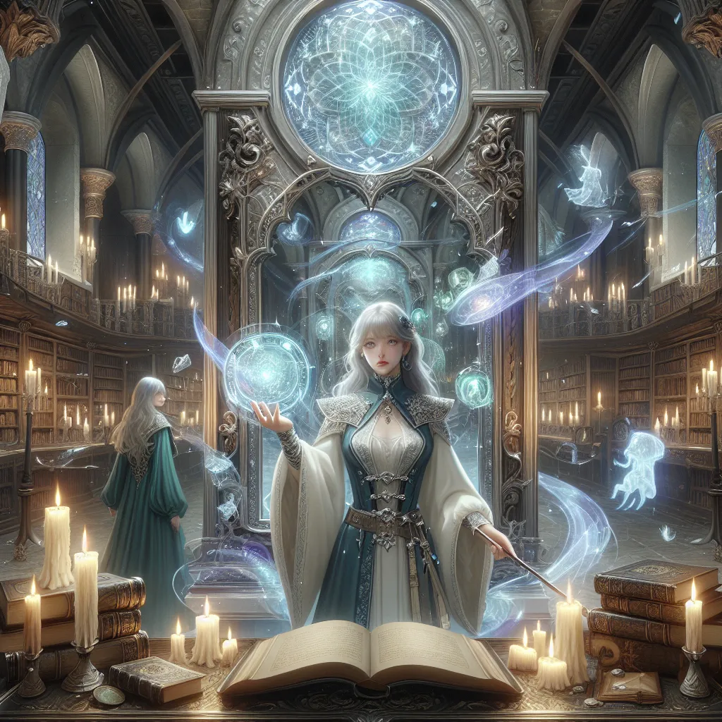 A fantasy scene set in a magical school: Magik, with icy blue eyes and a mysterious past, faces a perilous mirror that reveals unsettling visions and unleashes malevolent shadows. She must act swiftly to conceal the mirror's secrets before her friend, Wanda, discovers the havoc caused by its dark magic.