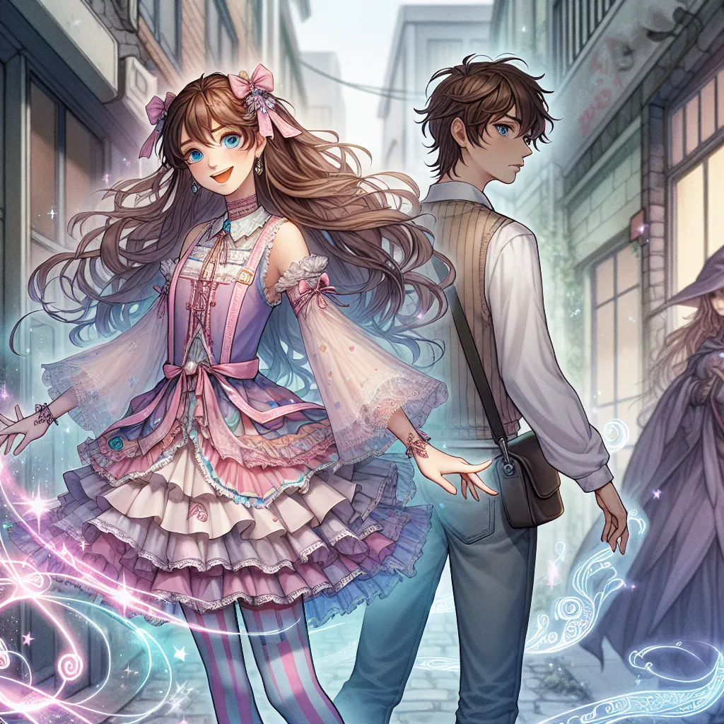 A young, mischievous-looking teenage girl with long flowing hair and frilly pastel dresses stands confidently in an urban street, her bright smile concealing a powerful, ancient magic. Beside her, a bewildered teenage boy trapped in the same delicate, girlish body and attire struggles to maintain composure, his expression a mix of confusion and frustration. Subtle magical glows and swirling ethereal symbols hint at a mystical body-swap curse, while muted shadows of witch figures loom in the back