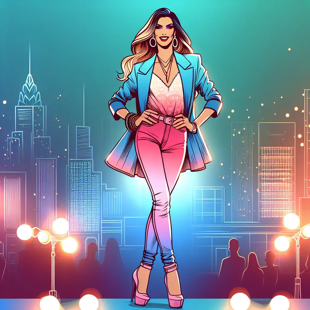 A colorful image featuring a confident and stylish transwoman named Tiffany. She stands gracefully, wearing a feminine outfit, high heels, and fashionable accessories. The city lights flicker around her as she radiates confidence and authenticity.