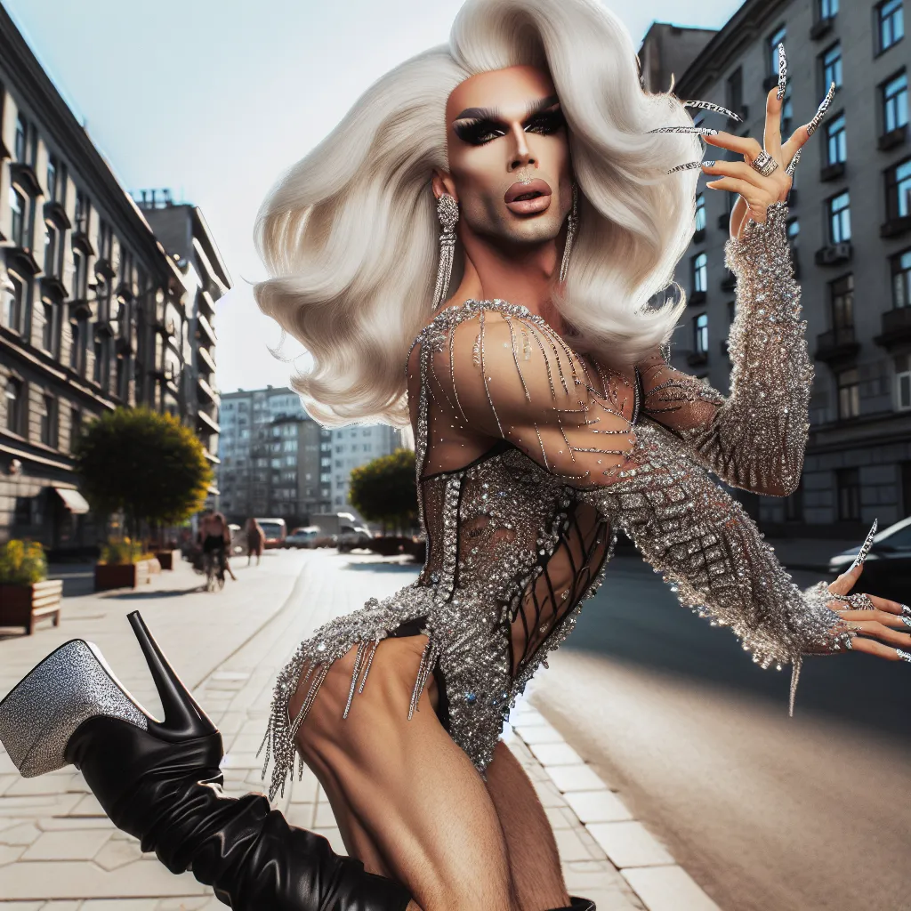 An image depicting a confident and glamorous drag queen named Veronica, with stylish platinum blonde hair, long painted nails, and a dazzling outfit, strutting down the street in high heels.