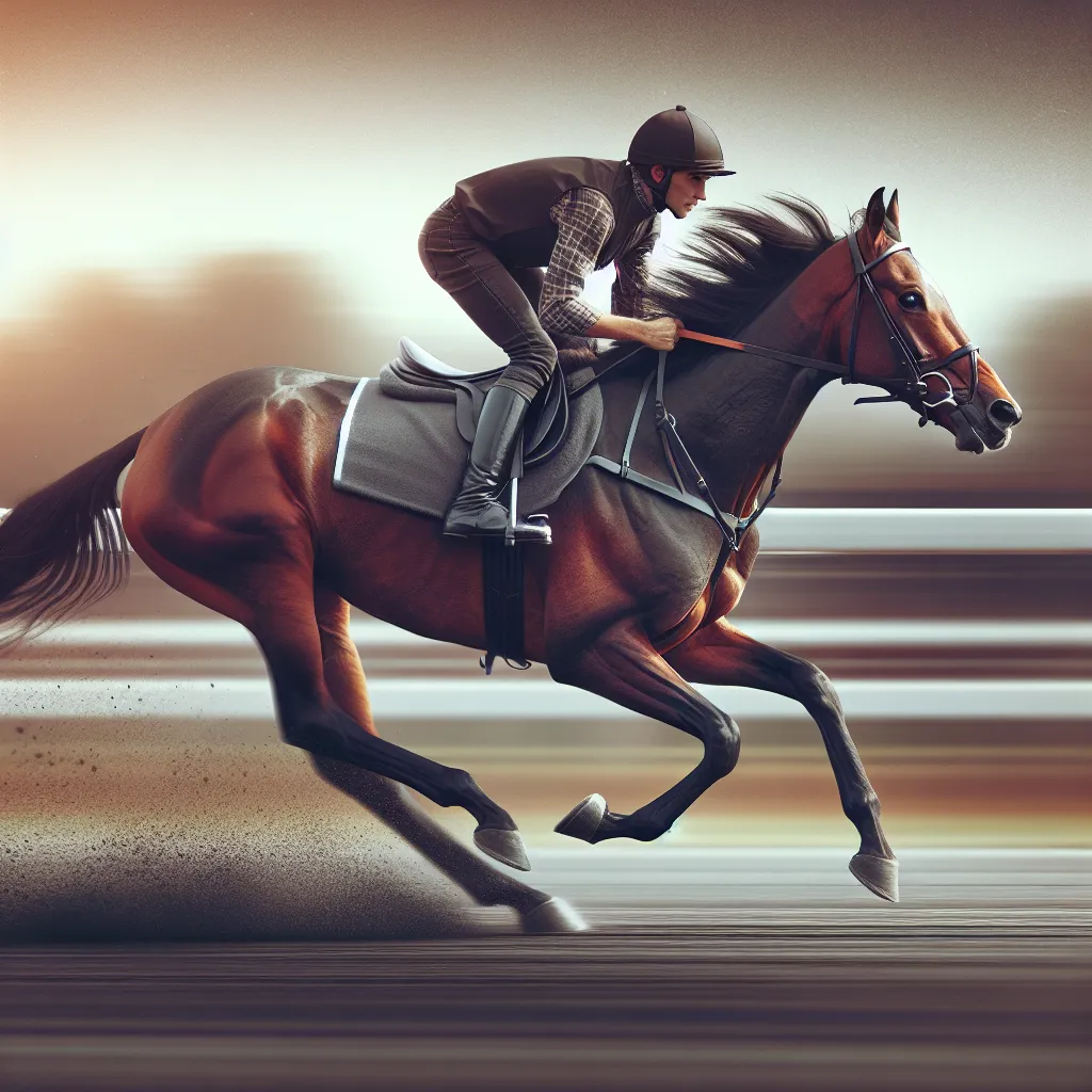 An image of a filly racehorse running on a track, with a jockey in a saddle atop it, whipped and spurred towards a blurred background.