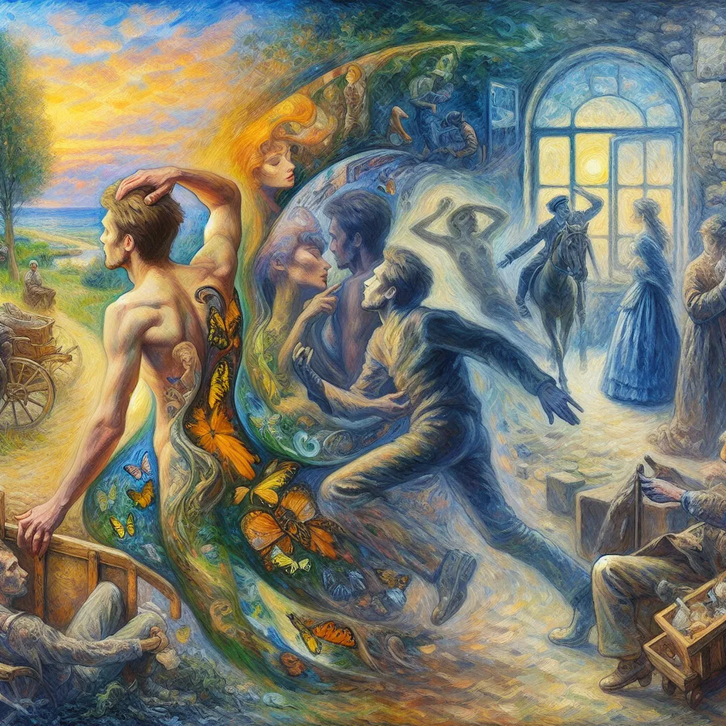 Transformation, Journey, Identity, Artistry, Drag in the style of Monet