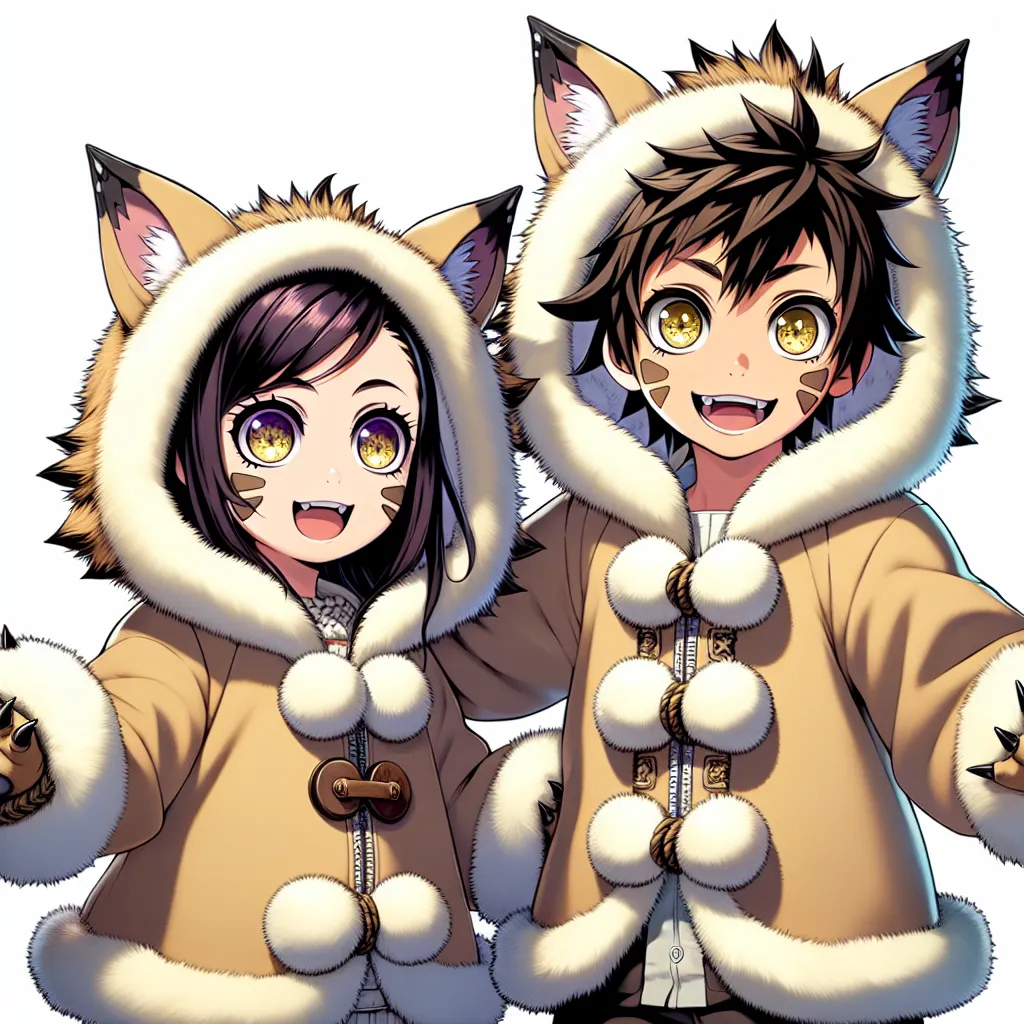 Description: The image depicts two siblings, Ayumi and Yuta, standing side by side in their transformative tanooki skinsuits. Ayumi is a young woman with fluffy fur, golden eyes, and a bushy tail, while Yuta is a young boy with similar features and a mischievous grin. Their eyes are filled with excitement and wonder as they embark on their unexpected transformation together.