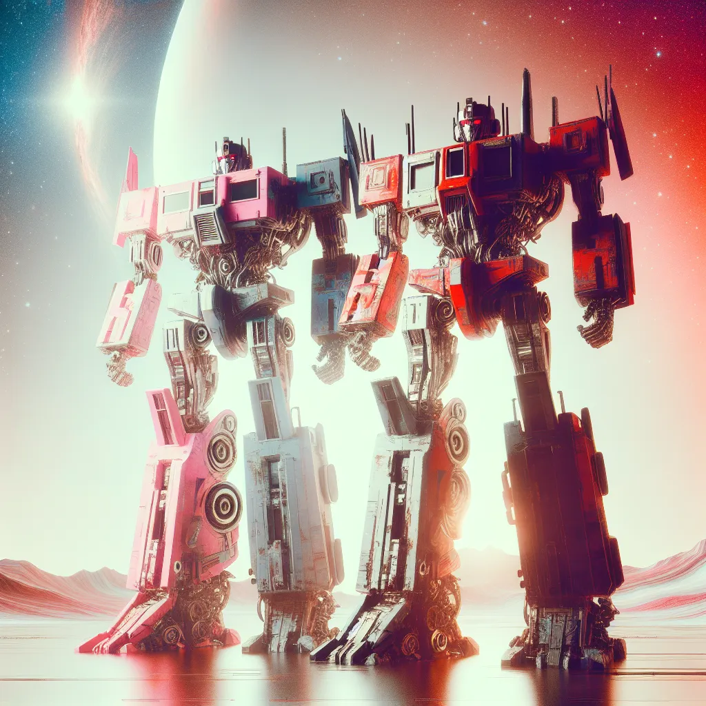 An image of two towering robot figures, one pink and gray and the other red and black, standing tall against an alien landscape. They resemble the characters Charlie Morningstar and Alastor from the Hazbin Hotel, but their appearance has been transformed into robot versions of themselves, aligning with the Transformers universe.