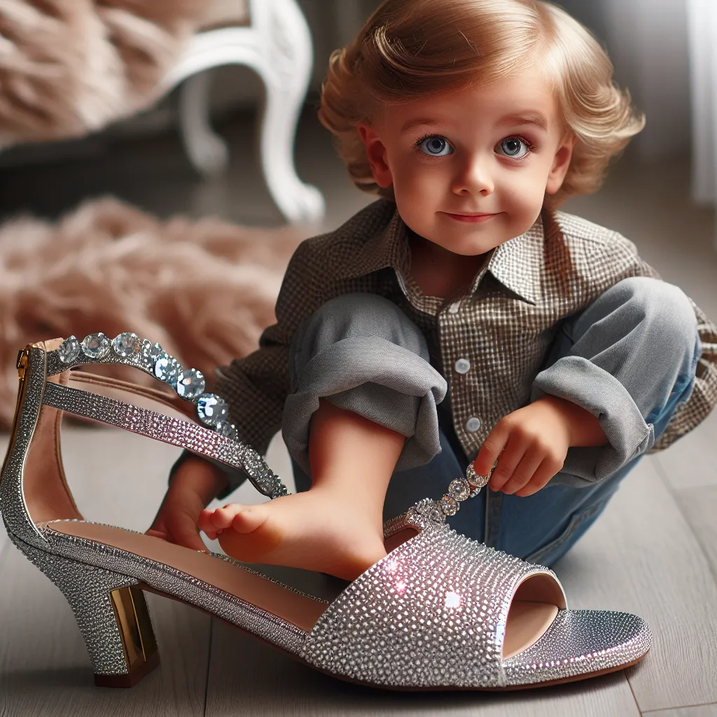 An image of a young boy wearing sparkly, rhinestone-studded sandals that are clearly too big for him.