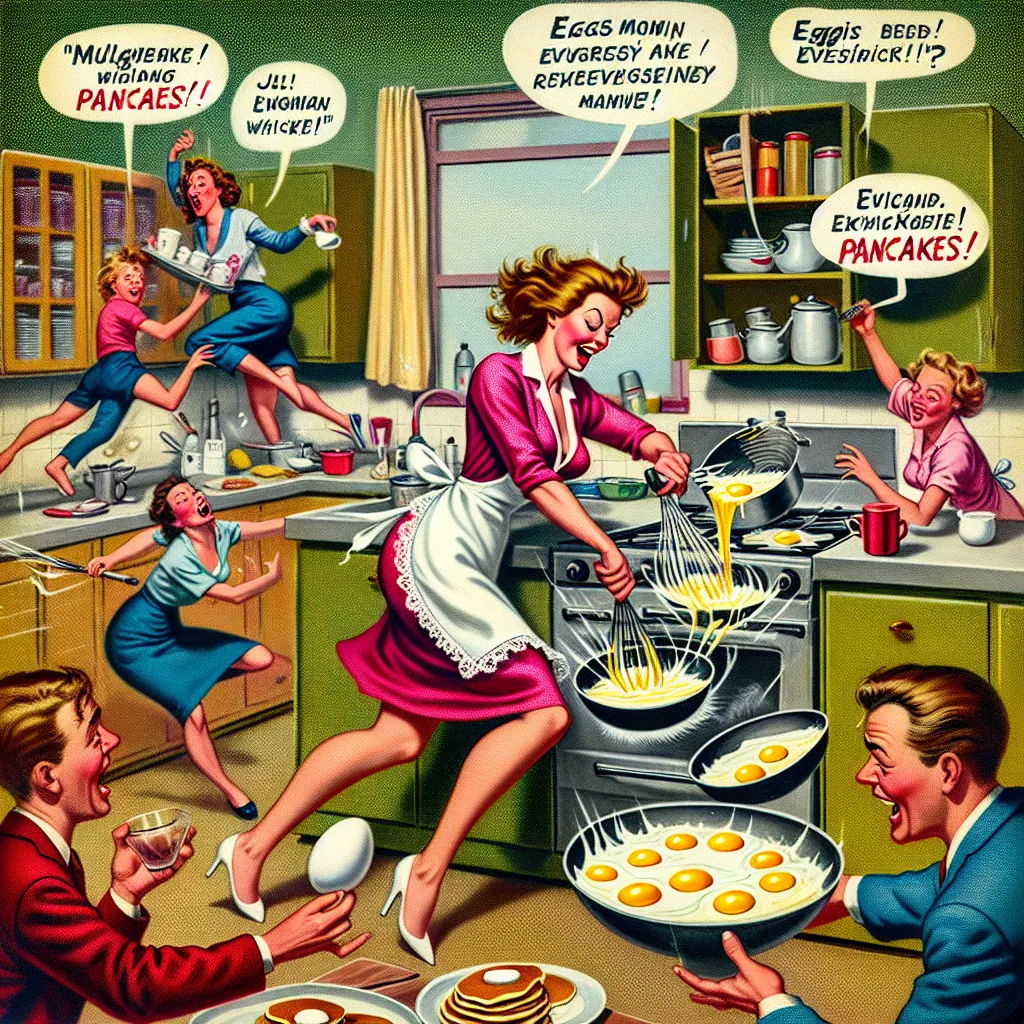 A chaotic scene in a kitchen as Clara, in her underwear, cooks breakfast while switching between multiple personalities. A comedic moment with confusion, juggling eggs, and self-appreciation. Friends watch in amusement and suggest a sitcom. Pancakes are eventually decided upon, and a sense of adventure prevails.