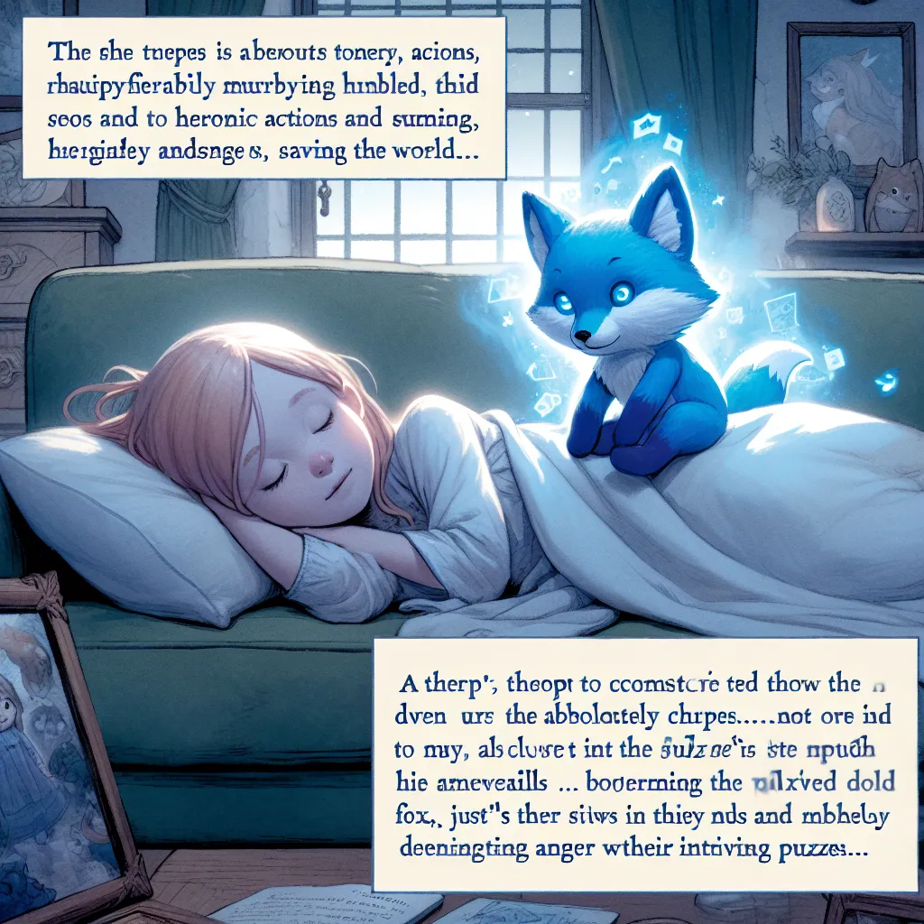 An angelic-looking child and a blue stuffed toy fox are sprawled out on a couch, sleeping soundly. The child murmurs about saving the world while the fox mutters about puzzles. An onlooker, Carly, finds them adorable and jokes about turning their adventures into a TV show. Carly covers the duo with a blanket before quietly leaving, but not before the fox's eyes flutter open and invite her to join their team.