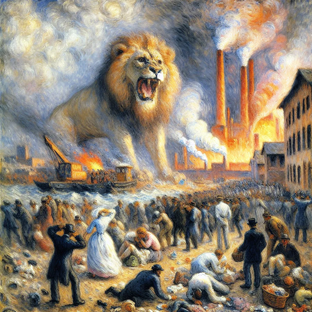 Roar, Panic, Factory, Desperation, Tragedy in the style of Monet