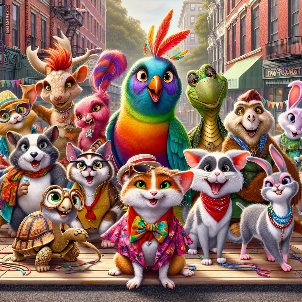 An ensemble of quirky pets in "Littlest Pet Shop: A World of Our Own" swap bodies for a theater production rehearsal. Edie Von Keet, Trip Hamston, Bev Gilturtle, Manny Mouser, Roxie McTerrier, Jade Catkin, and Quincy Goatee embark on a comical and chaotic journey in Paw-Tucket Town Square.