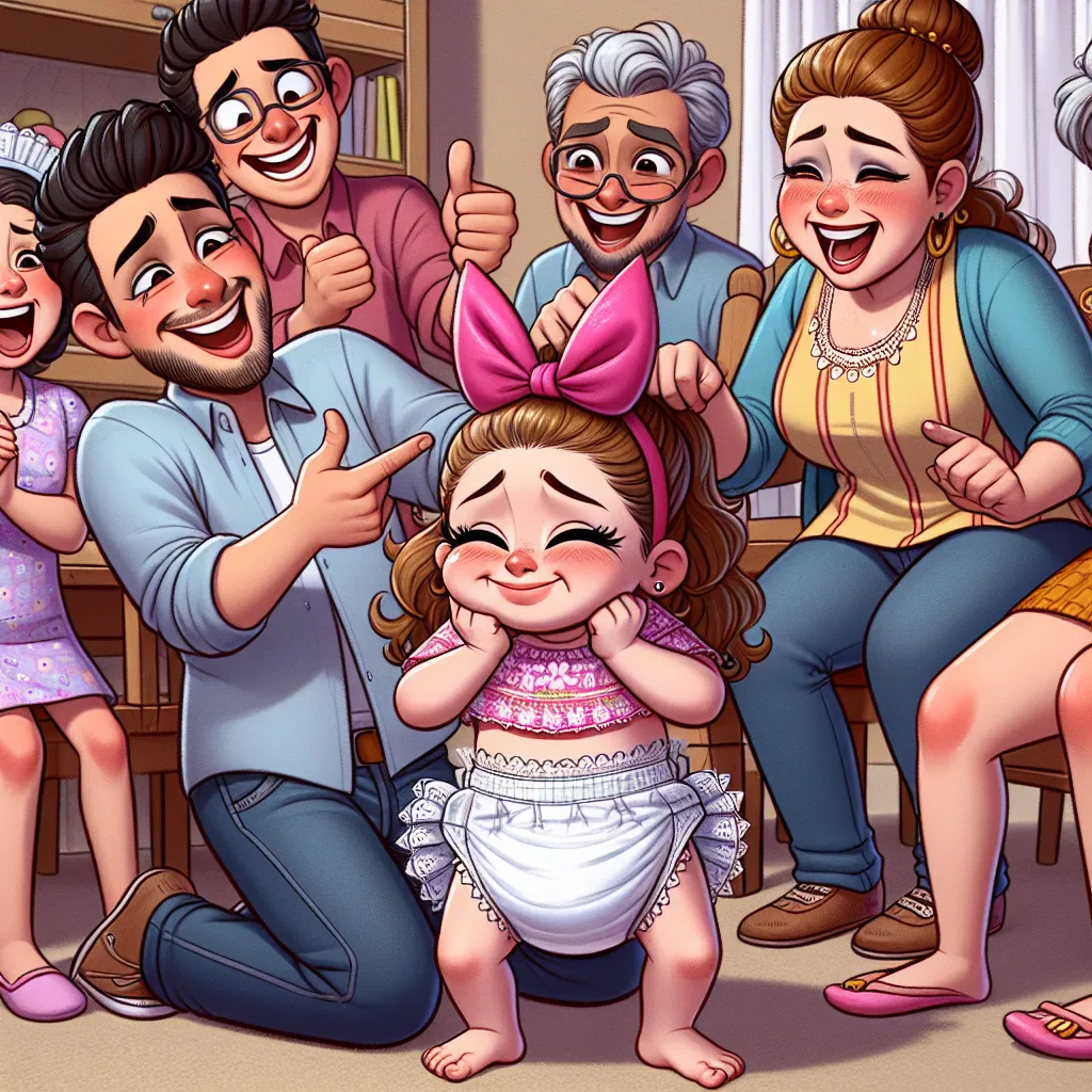 A humorous scene depicting Fernanda, a misbehaving girl, being pranked by her brother Nico. Fernanda is shown dressed in a diaper, with a big pink bow on her head, while her family members, including their housemaid, laugh and play along. Despite her initial outrage, Fernanda eventually finds the prank amusing and even requests another diaper. The image captures the comic and unforgettable moment that taught Fernanda a hilarious lesson in Las Lomas.